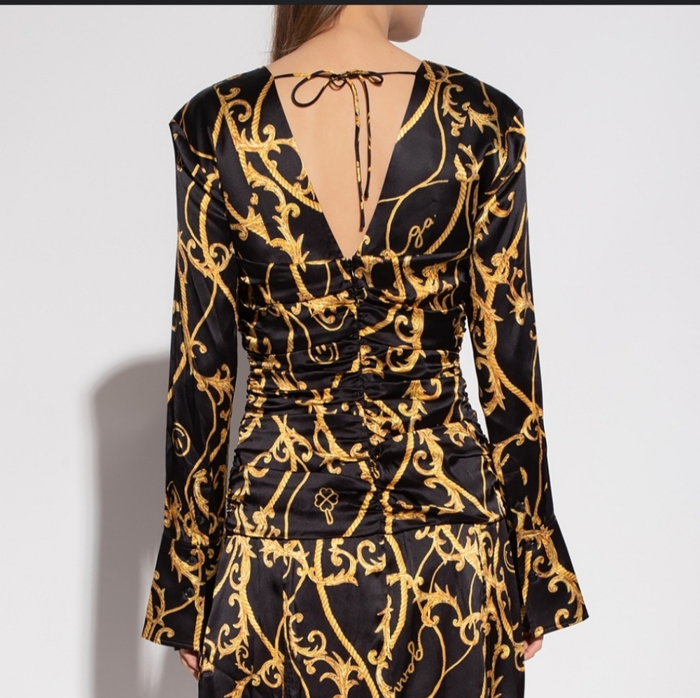 GANNI Baroque Print Silk Blend Ruched Midi Dress Black Gold EU 36 US 4 - Picture 3 of 15